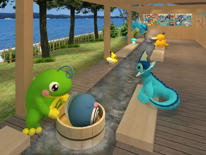 石川県能登半島がポケモンの楽園に大変身！ポケリッドが登場し、ポケモンと一緒に温泉に足を浸したり、ピカチュウ列車に乗って能登半島を探索したりできます。
